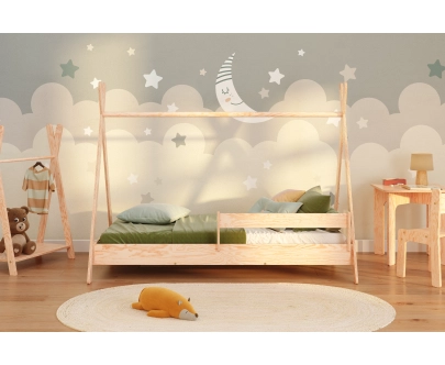 Hausbett für Kinder mit Rausfallschutz und Lattenrost TIPI Montessori Holz