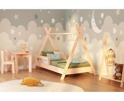 Hausbett für Kinder mit Rausfallschutz und Lattenrost TIPI Montessori Holz