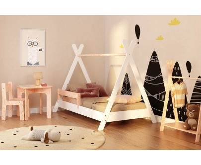 Hausbett für Kinder mit Rausfallschutz und Lattenrost TIPI Montessori Holz