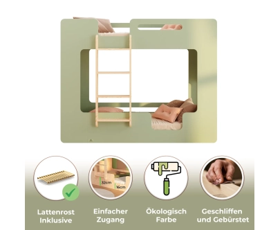 Etagenbett für Kinder mit Rausfallschutz und Lattenrost MIMI B Montessori Holz
