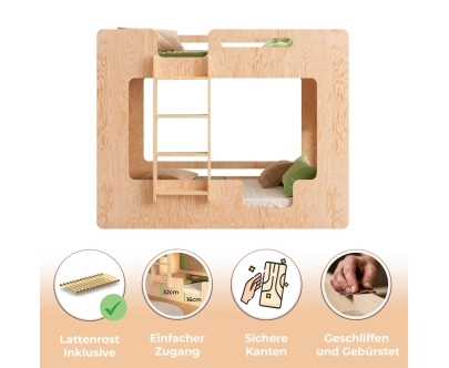 Etagenbett für Kinder mit Rausfallschutz und Lattenrost MIMI B Montessori Holz