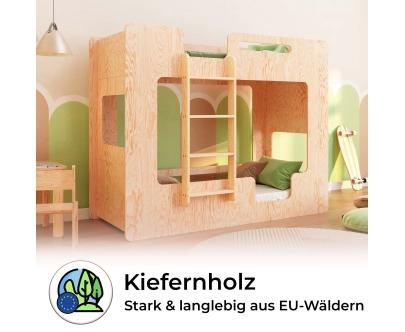 Etagenbett für Kinder mit Rausfallschutz und Lattenrost MIMI B Montessori Holz
