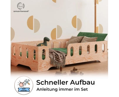 Einzelbett für Kinder mit Rausfallschutz und Lattenrost TILA 2 Montessori Holz