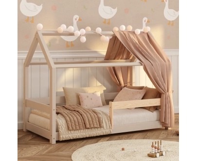 Hausbett für Kinder mit Rausfallschutz und Lattenrost MILO Montessori Holz