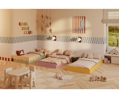 Einzelbett für Kinder mit Rausfallschutz und Lattenrost PUZZLE BR2 Montessori Holz