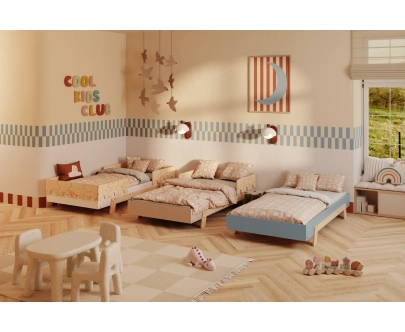 Einzelbett für Kinder mit Rausfallschutz und Lattenrost PUZZLE BR1 Montessori Holz