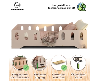 Einzelbett für Kinder mit Rausfallschutz und Lattenrost TILA 2 Montessori Holz