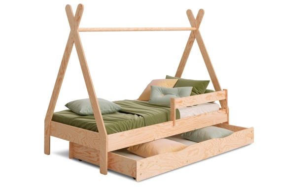 Hausbett für Kinder mit Schublade, Rausfallschutz und Lattenrost TIPI D Montessori Holz