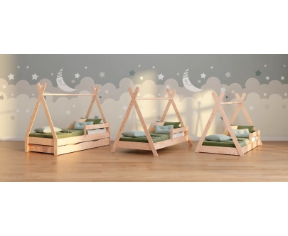 Hausbett für Kinder mit Schublade, Rausfallschutz und Lattenrost TIPI D Montessori Holz