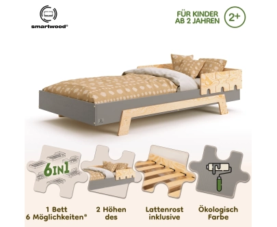 Einzelbett für Kinder mit Rausfallschutz und Lattenrost PUZZLE BR1 Montessori Holz