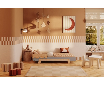 Einzelbett für Kinder mit Rausfallschutz und Lattenrost PUZZLE BR1 Montessori Holz