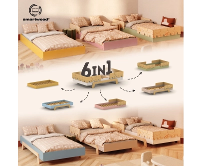 Einzelbett für Kinder mit Rausfallschutz und Lattenrost PUZZLE BR2 Montessori Holz