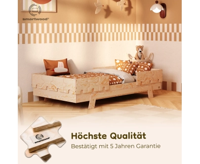 Einzelbett für Kinder mit Rausfallschutz und Lattenrost PUZZLE BR2 Montessori Holz