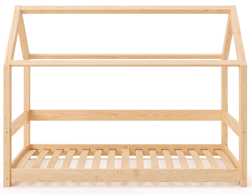 Holzbett Hausform ohne Schutzgitter aus massivem Kiefernholz in Naturholzfarbe