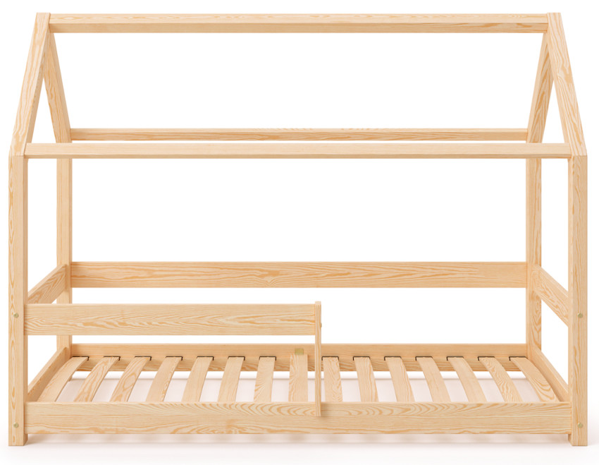 Holzbett Hausform mit Schutzgitter auf der linken Seite aus massivem Kiefernholz in Naturholzfarbe