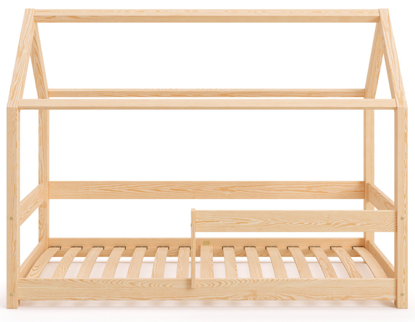 Holzbett Hausform mit Schutzgitter auf der rechten Seite aus massivem Kiefernholz in Naturholzfarbe