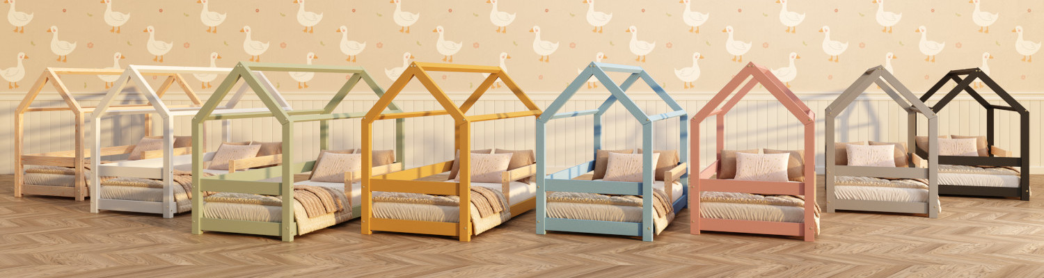 Holzhausbetten mit Schutzgittern aus massivem Kiefernholz in acht Farben