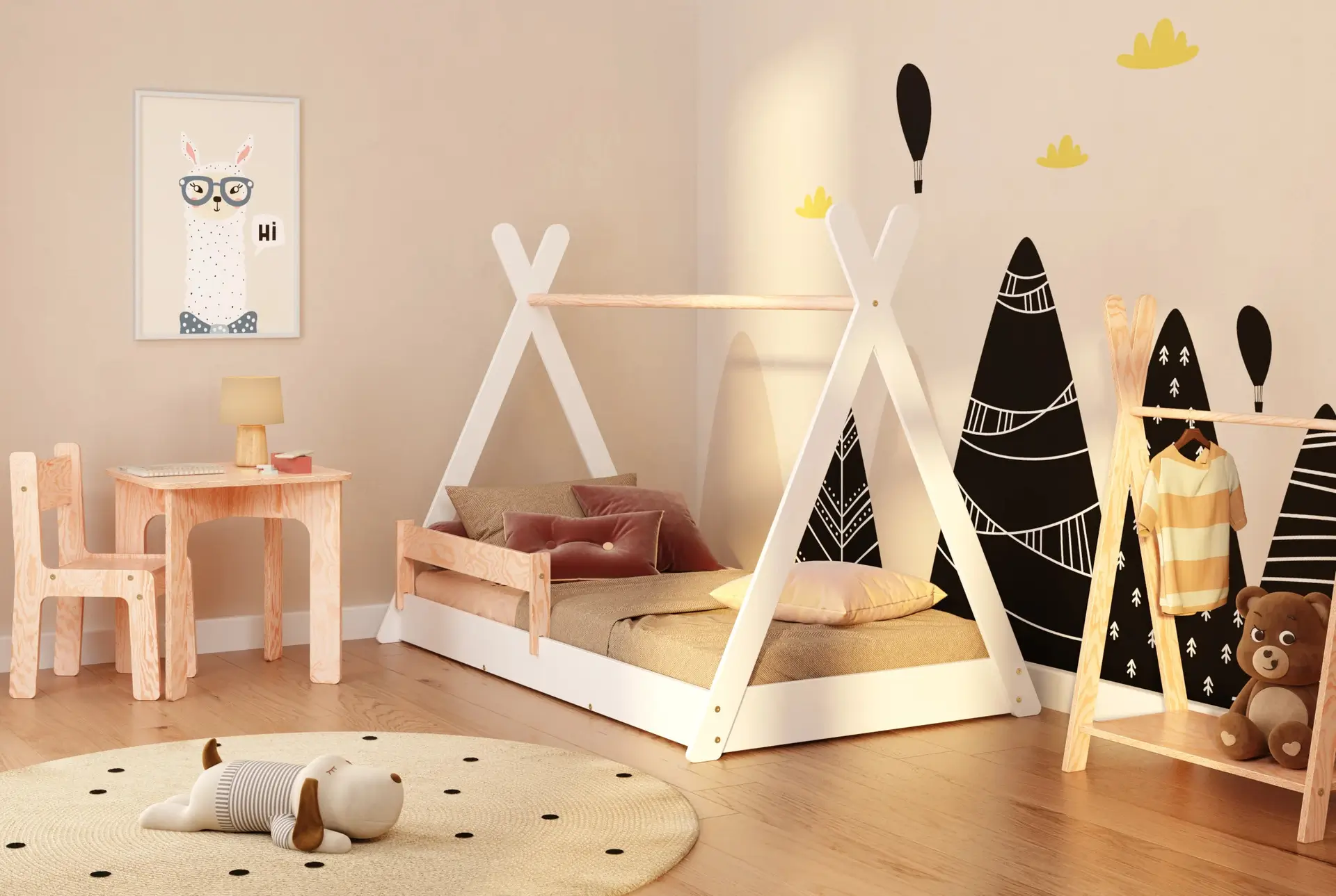 Hausbett für Kinder mit Rausfallschutz und Lattenrost TIPI FLOOR Montessori Holz