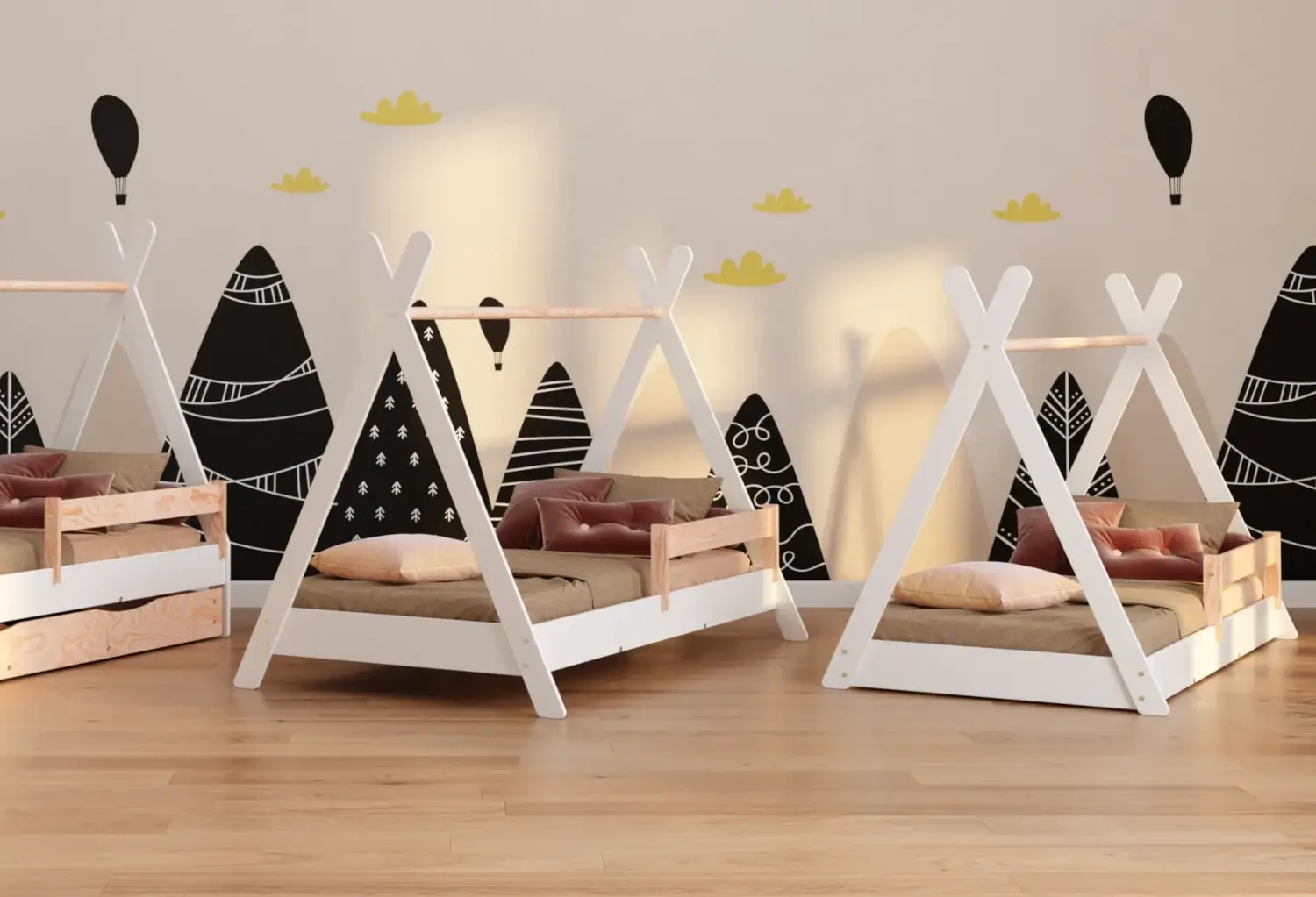 Hausbett für Kinder mit Rausfallschutz und Lattenrost TIPI Montessori Holz