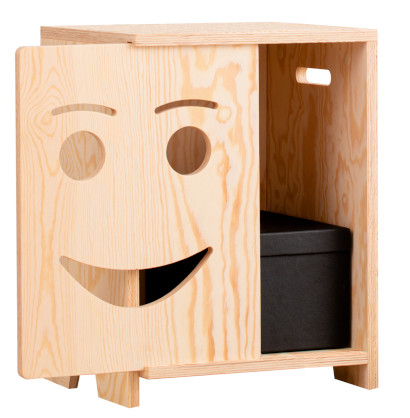 Holznachttisch aus Kiefernsperrholz in Naturholzfarbe mit Tür in Form eines lächelnden Gesichts