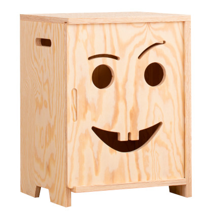 Holznachttisch aus Kiefernsperrholz in Naturholzfarbe mit Tür in Form eines lächelnden Gesichts mit Zähnen